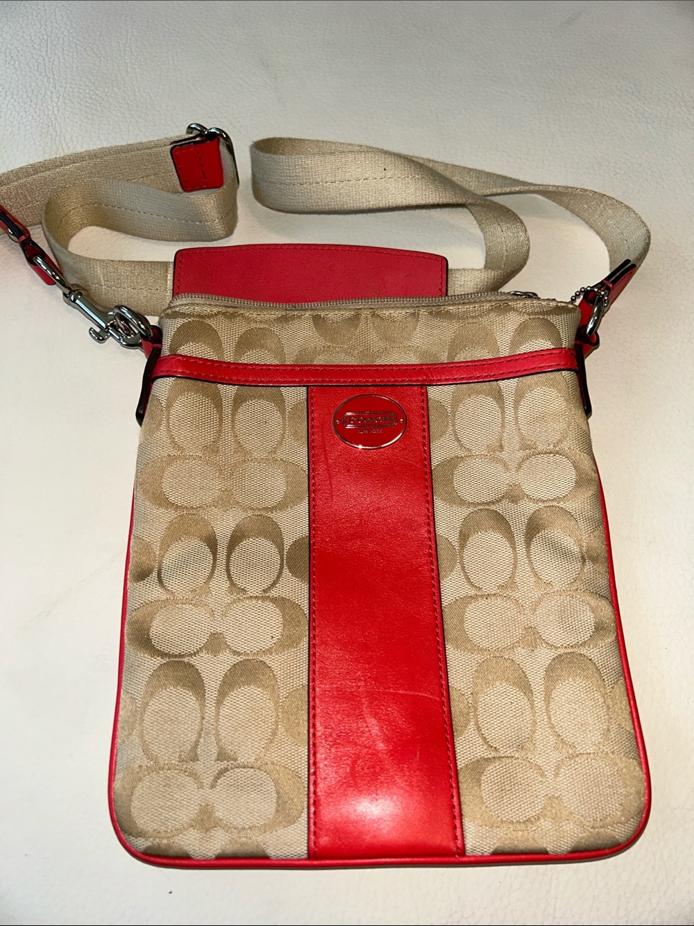 Coach Beige Signature Crossbody with Red Leather Accents